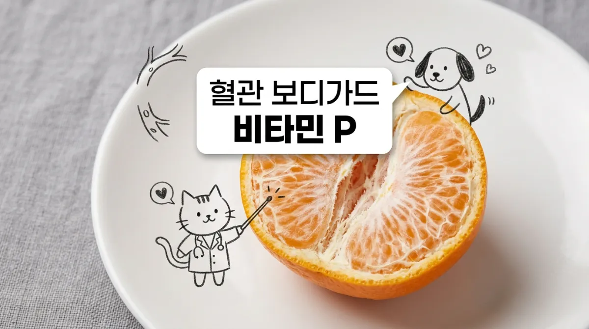 귤 단면의 하얀 알베도층 실사 클로즈업에 의사 가운 입은 스틱 캣과 스틱 독이 설명하는 믹스드 미디어 일러스트, '혈관 보디가드 비타민 P' 텍스트 포함