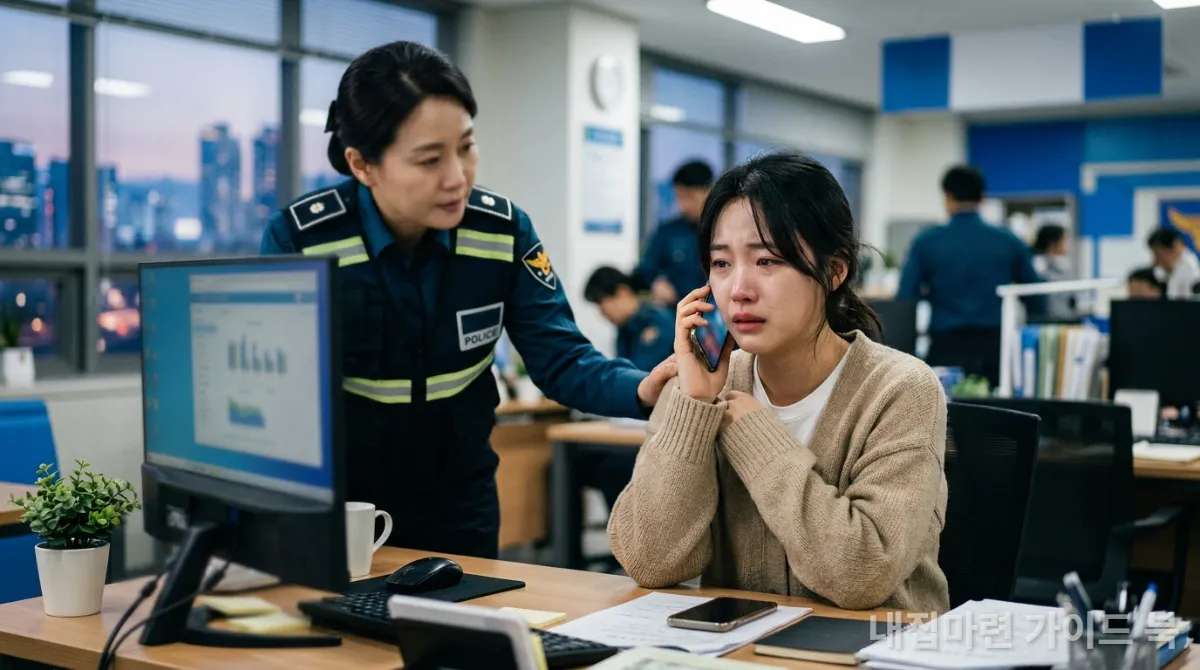 월세 사기 피해 후 경찰에 신고하고 법률 상담을 받는 한국인