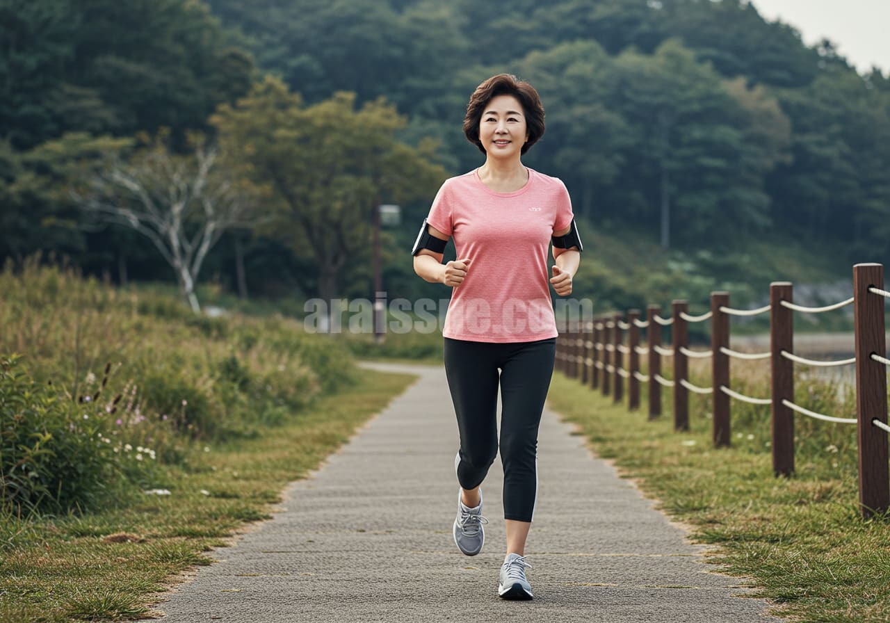 공원이나 산책로에서 열심히 걷거나 달리는 중년 한국 여성의 사실적인 사진, 두통 발생 빈도를 줄이기 위한 유산소 운동을 하고 있는 모습