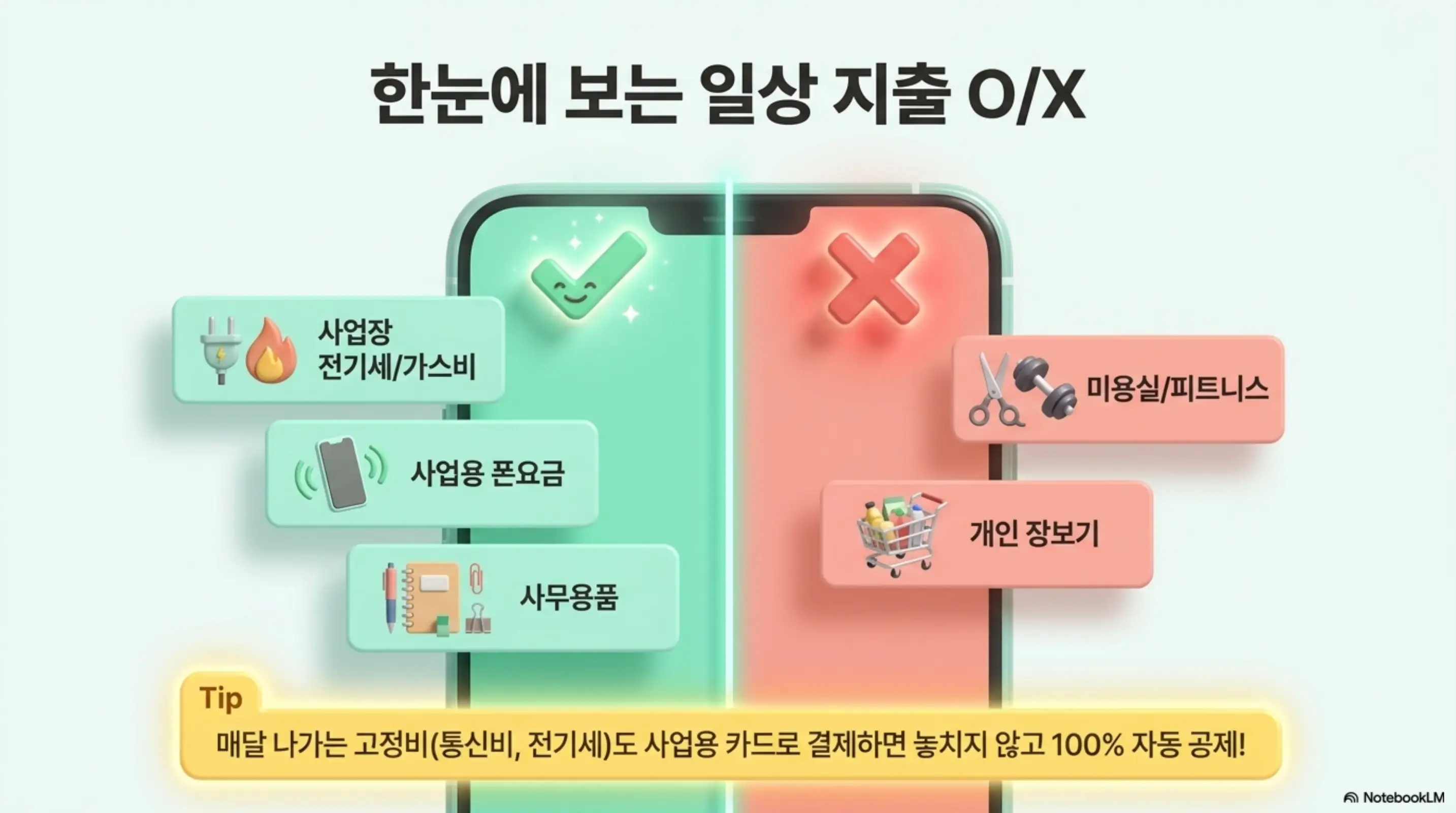 매입세액공제: 한눈에 보는 일상 지출 공제 여부라는 문구가 포함된 이미지. 사업장 전기세와 사업용 폰요금과 사무용품은 공제 가능으로 미용실과 피트니스와 개인 장보기는 불공제로 구분하여 개인사업자 부가세 공제항목 판단 기준을 시각적으로 전달하며 블로그의 공제 가능 항목 안내를 설명함