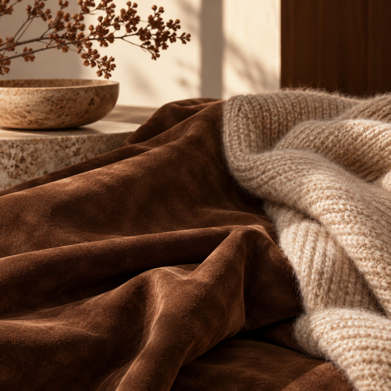 짙은 갈색 스웨이드와 부드러운 니트로 표현한 따뜻한 향의 분위기