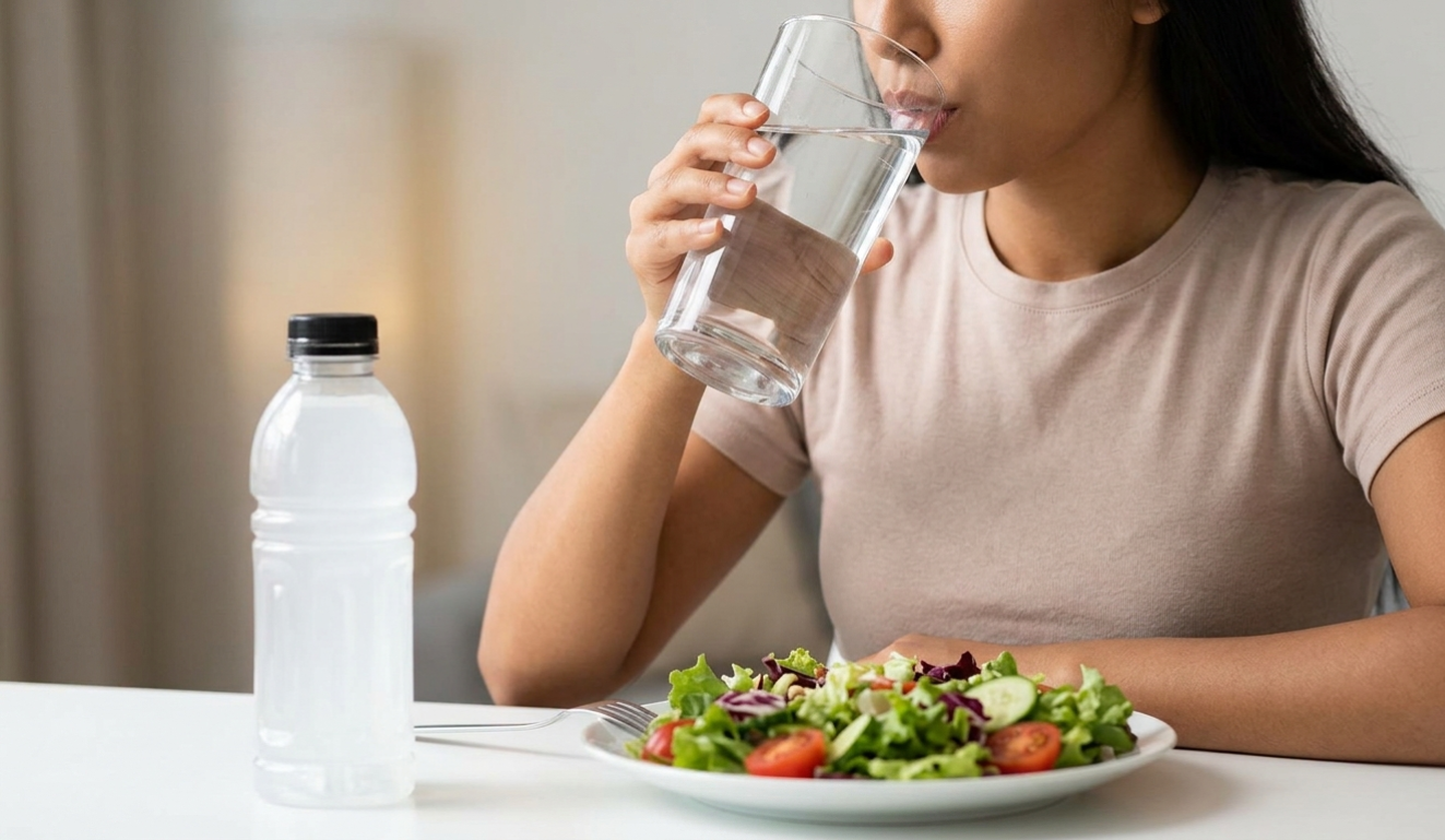 테이블 위에 이온 음료 병과 건강한 샐러드를 두고 큰 컵으로 물을 마시는 모습
