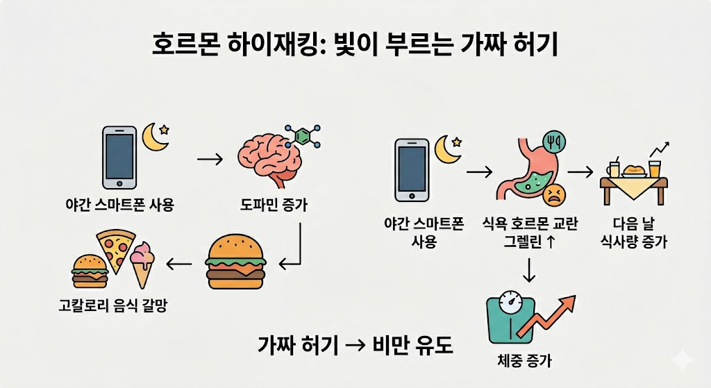 '호르몬 하이재킹: 빛이 부르는 가짜 허기' 인포그래픽입니다. 야간 스마트폰 사용이 도파민 증가로 인한 고칼로리 갈망과 식욕 호르몬 그렐린 증가로 인한 과식을 유발하여 체중 증가와 비만으로 이어진다는 내용입니다.