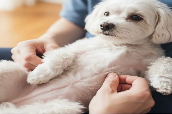 보호자의 손이 말티즈 강아지의 배 피부를 부드럽게 살피는 클로즈업. 살짝 붉은 기가 도는 피부를 통해 세심한 관찰의 중요성과 피부병의 증상을 은유적으로 보여줍니다.
