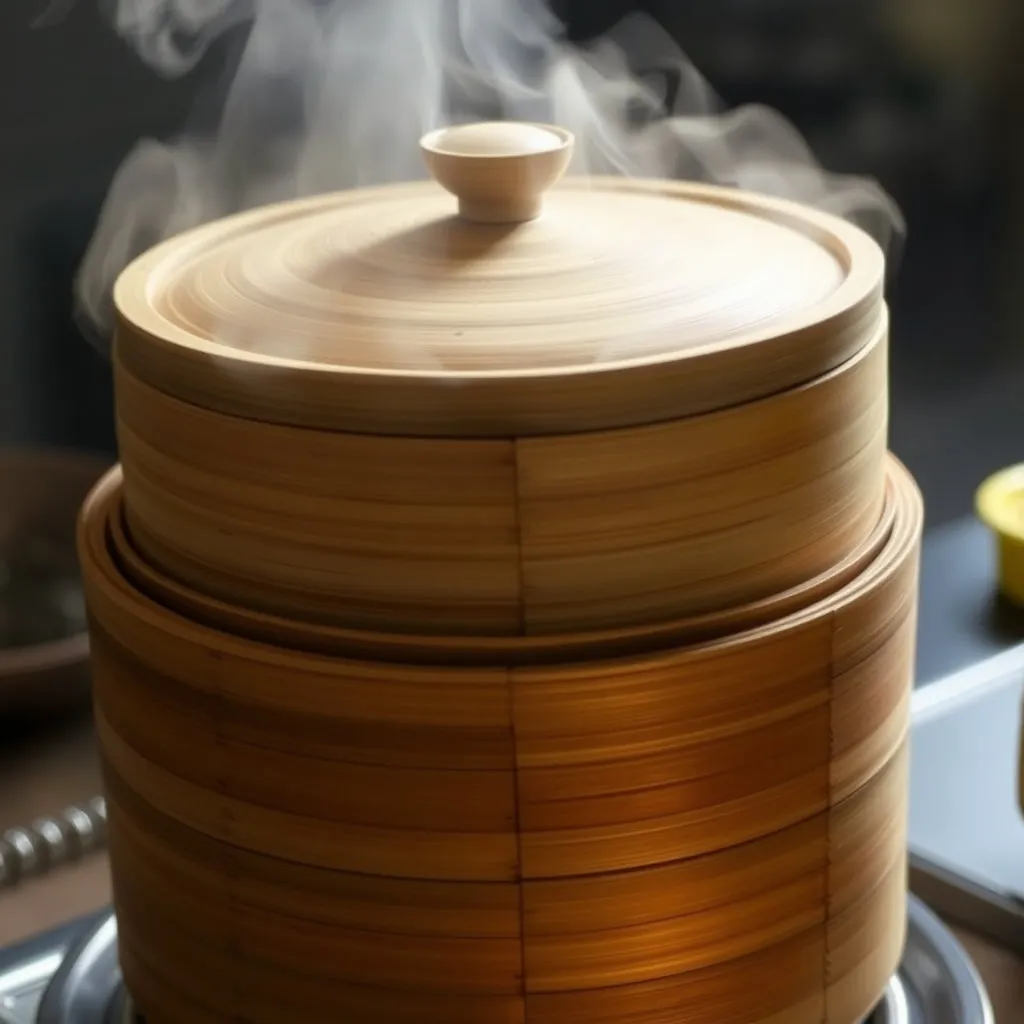 김이 새어나오지 않도록 찜기의 뚜껑이 꽉 닫혀 있고, 약한 김이 틈새로 피어오르는 모습입니다. 아래에서부터 가열되고 있는 찜기의 전체적인 모습과 함께 따뜻한 느낌을 강조합니다.