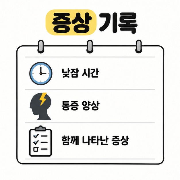 낮잠 시간, 통증 양상, 함께 나타난 증상을 기록하는 메모지