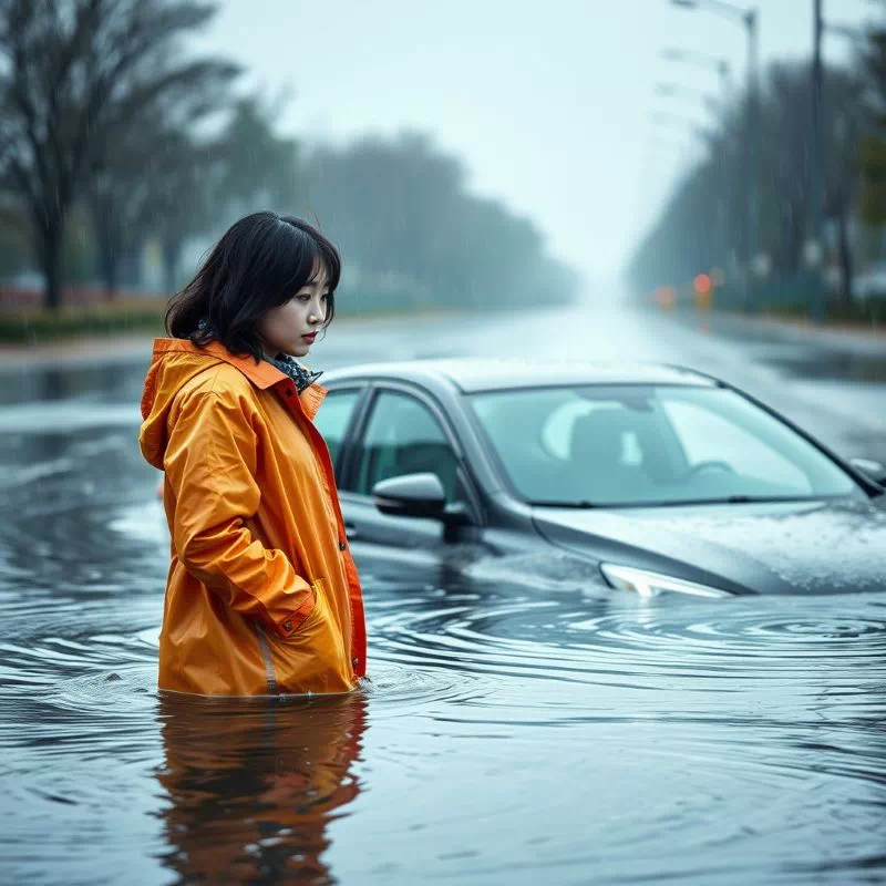 한 운전자가 폭우로 침수된 도로 옆에서 망연자실하게 자신의 차를 바라보는 모습, 침수 차량 대처법의 중요성을 보여줌