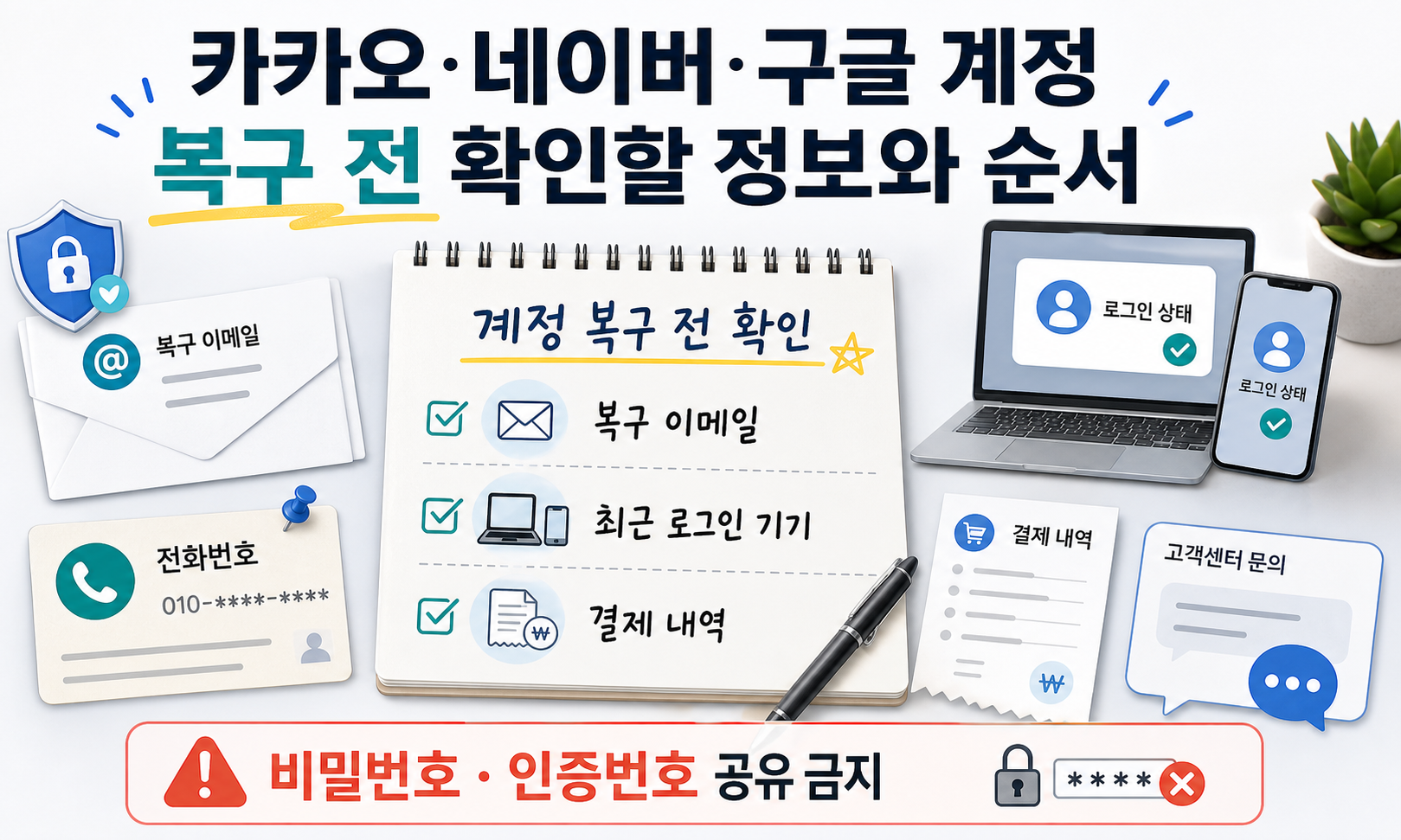 계정 복구 전 이메일 전화번호 로그인 기기 결제 흔적을 체크리스트로 정리하는 대표 이미지