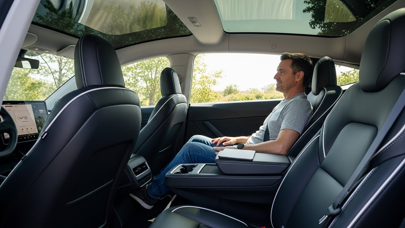 026년형 테슬라 모델 Y 롱바디의 넓어진 2열 공간을 강조한 이미지. 캡틴 시트가 설치되어 있고 다리 공간이 매우 넉넉해 보이는 모습