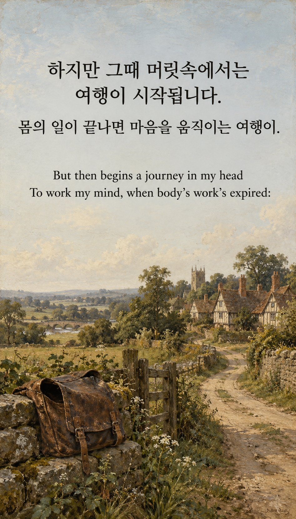 몸이 쉬어도 이어지는 여행: 하지만 그때 머릿속에서는 여행이 시작됩니다. 몸의 일이 끝나면 마음을 움직이는 여행이. 해당 시대 그림체, 옛 가방과 튜더식 마을로 이어지는 빈 길.