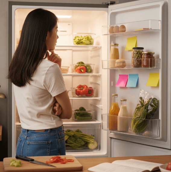 냉장고안에 식재료들을 어떻게 활용해야 할지 냉장고 문을 열고 앞에 서서 고민중인 20대 여성의 사진
