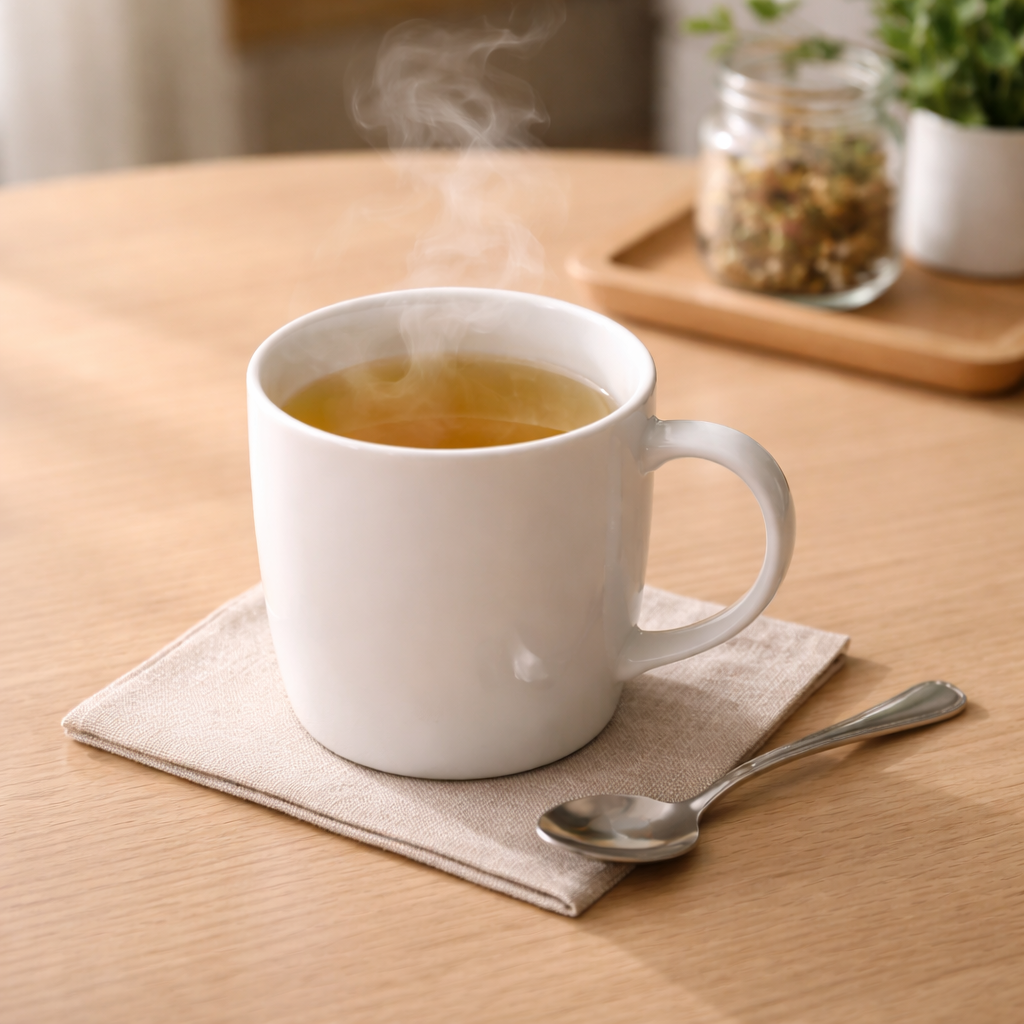 인후염으로 목이 아플 때 따뜻한 음료로 관리하는 모습을 상징한 이미지