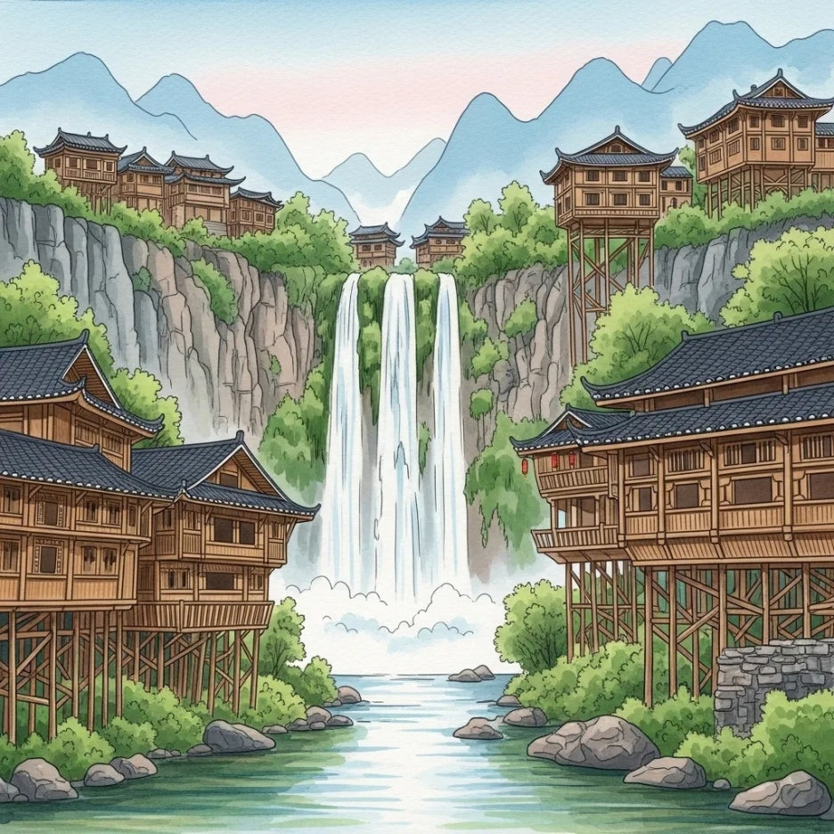 폭포와 어우러진 부용진의 낮 풍경과 전통 가옥