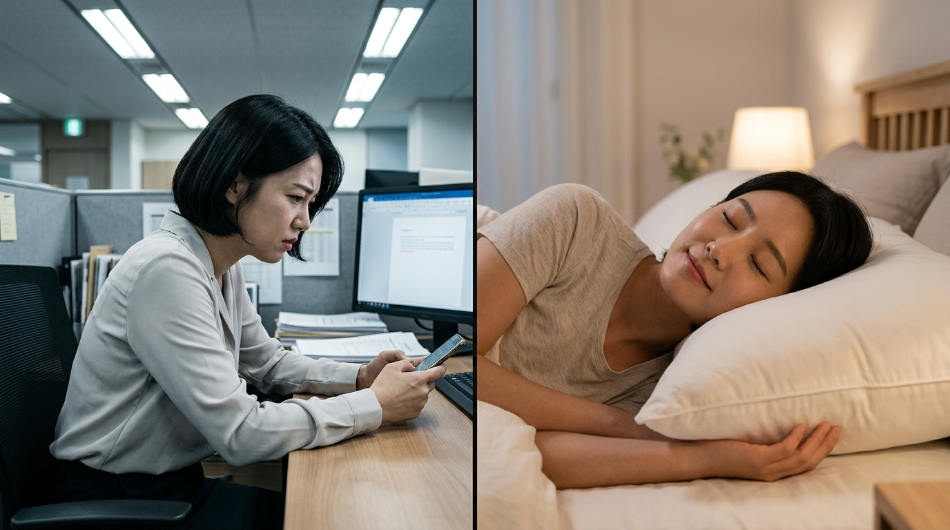 긴장된 모습과 안정감있는 베개로 편안해진 모습의 대비
