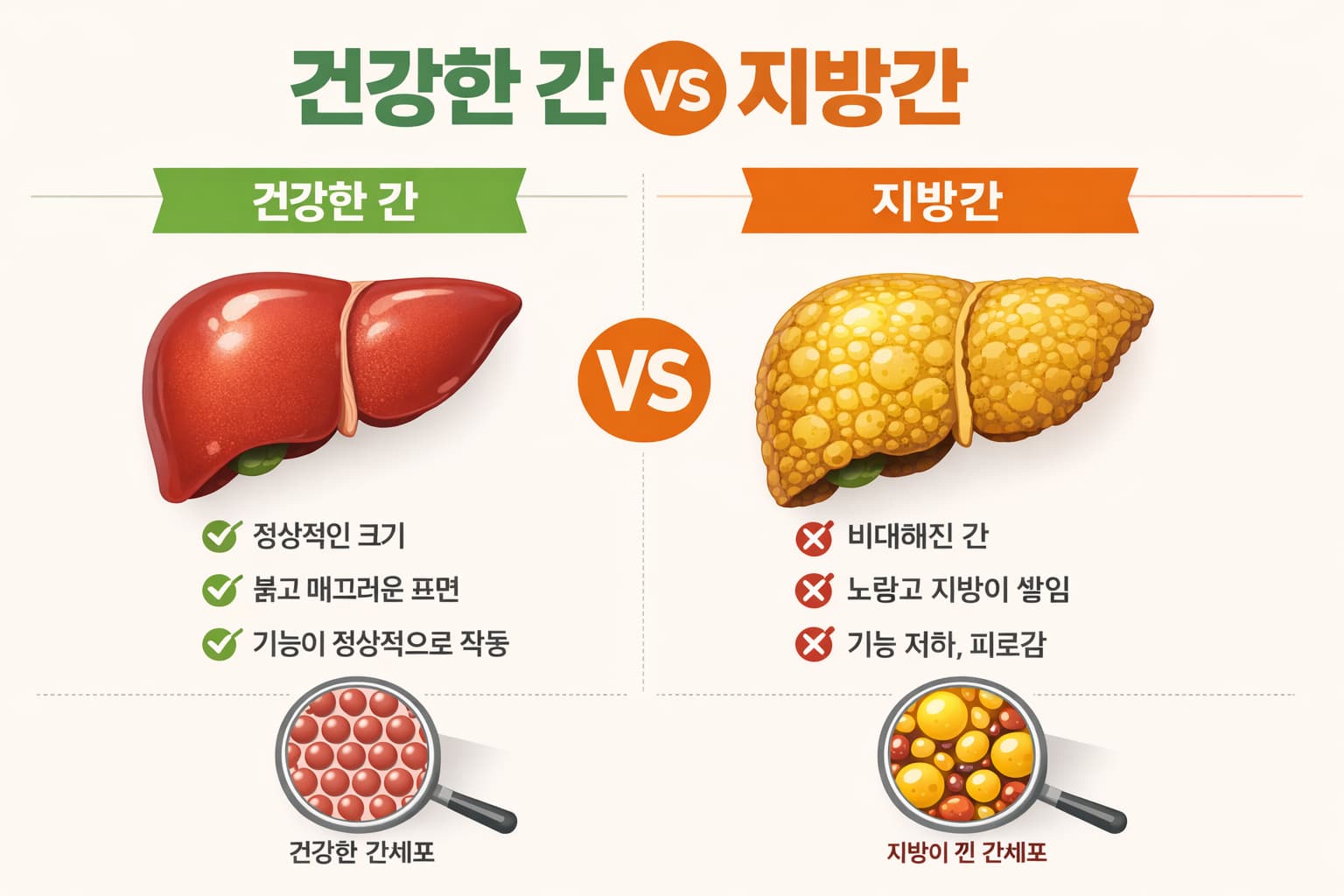 건강한 간과 지방간 상태를 비교한 인포그래픽 이미지