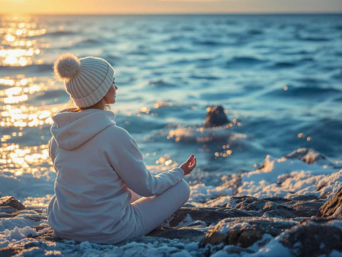 눈내린 땅위에 편하게 앉아 바다를 바라보는 모습