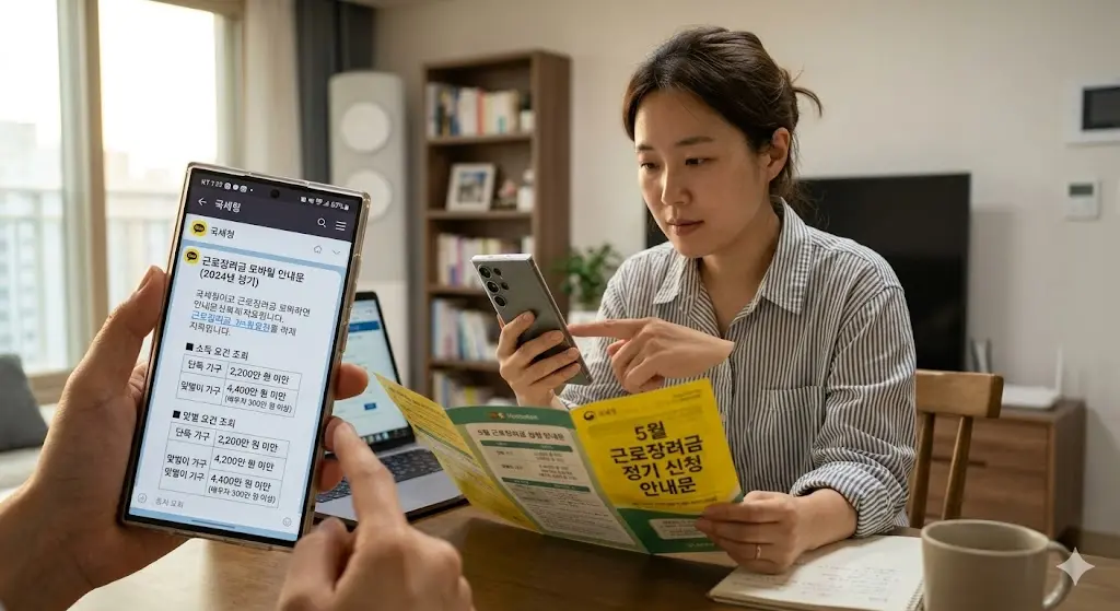 5월 근로장려금 정기 신청을 위해 국세청에서 발송된 우편물과 모바일 안내문을 확인하여 단독 가구 및 맞벌이 가구 소득 기준을 조회하는 모습
