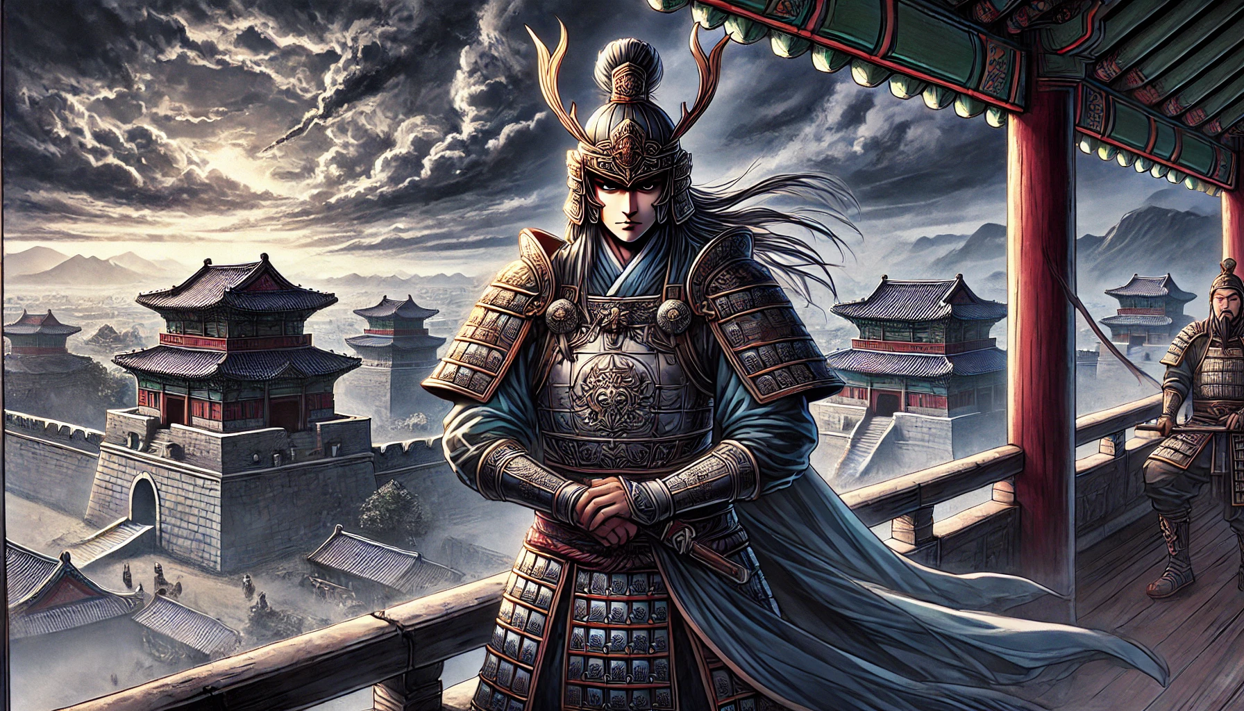 전체적으로 어두운 느낌, 도성을 배경으로 중앙에 장군이 있는 애니스타일 이미지
