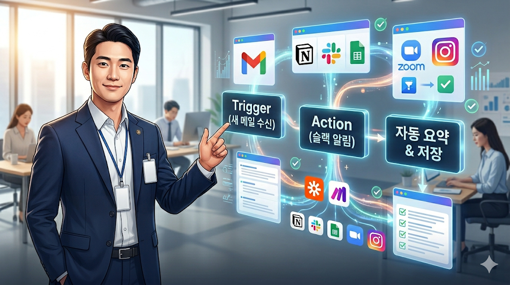 사무실 배경에서 노코드 자동화 시스템을 설명하는 모습입니다. 이미지에는 'Trigger(새 메일 수신)'와 'Action(슬랙 알림)'이 '자동 요약 및 저장'으로 이어지는 흐름도가 홀로그램으로 표현되어 있습니다. 지메일, 노션, 슬랙, 줌 등 다양한 앱 아이콘과 함께 '[2026] 노코드 자동화 실전 가이드: 코딩 없이 업무 효율 200%&uarr;'라는 문구가 포함되어 있습니다.