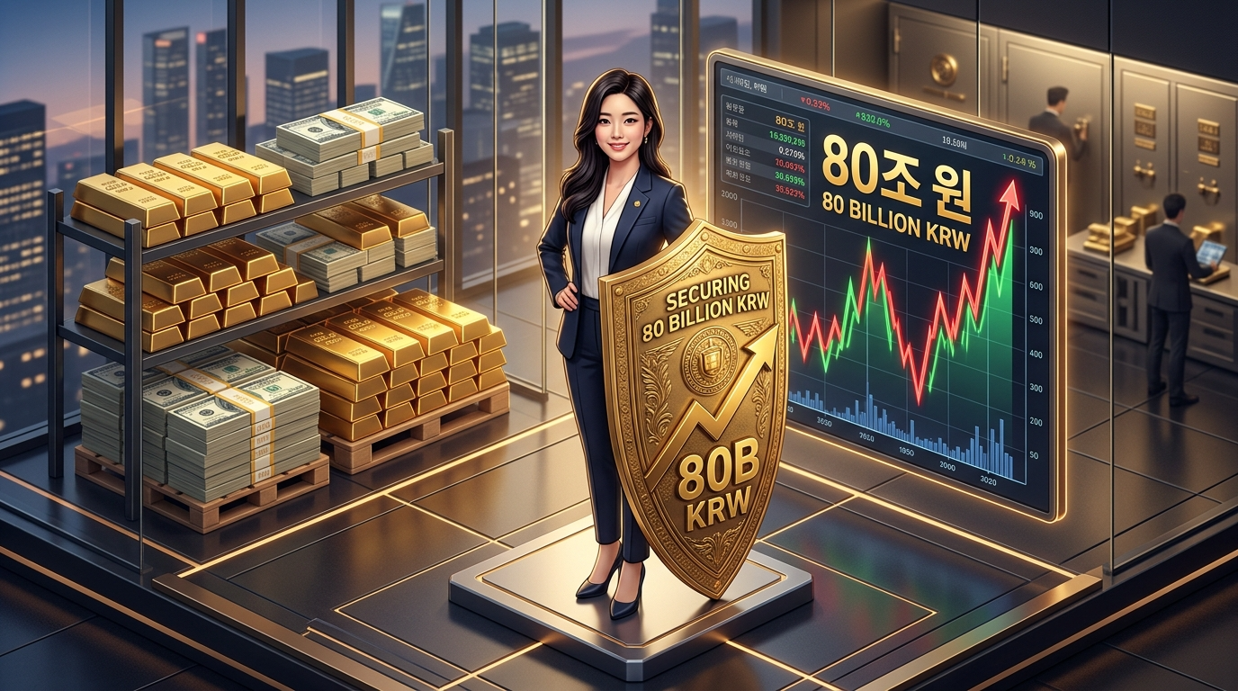 80억이라는 숫자가 적힌 주식 차트가 위태롭게 흔들리고, 그 옆에서 한 여성이 황금색 방패(안전자산)를 들고 고민하는 3D 일러스트