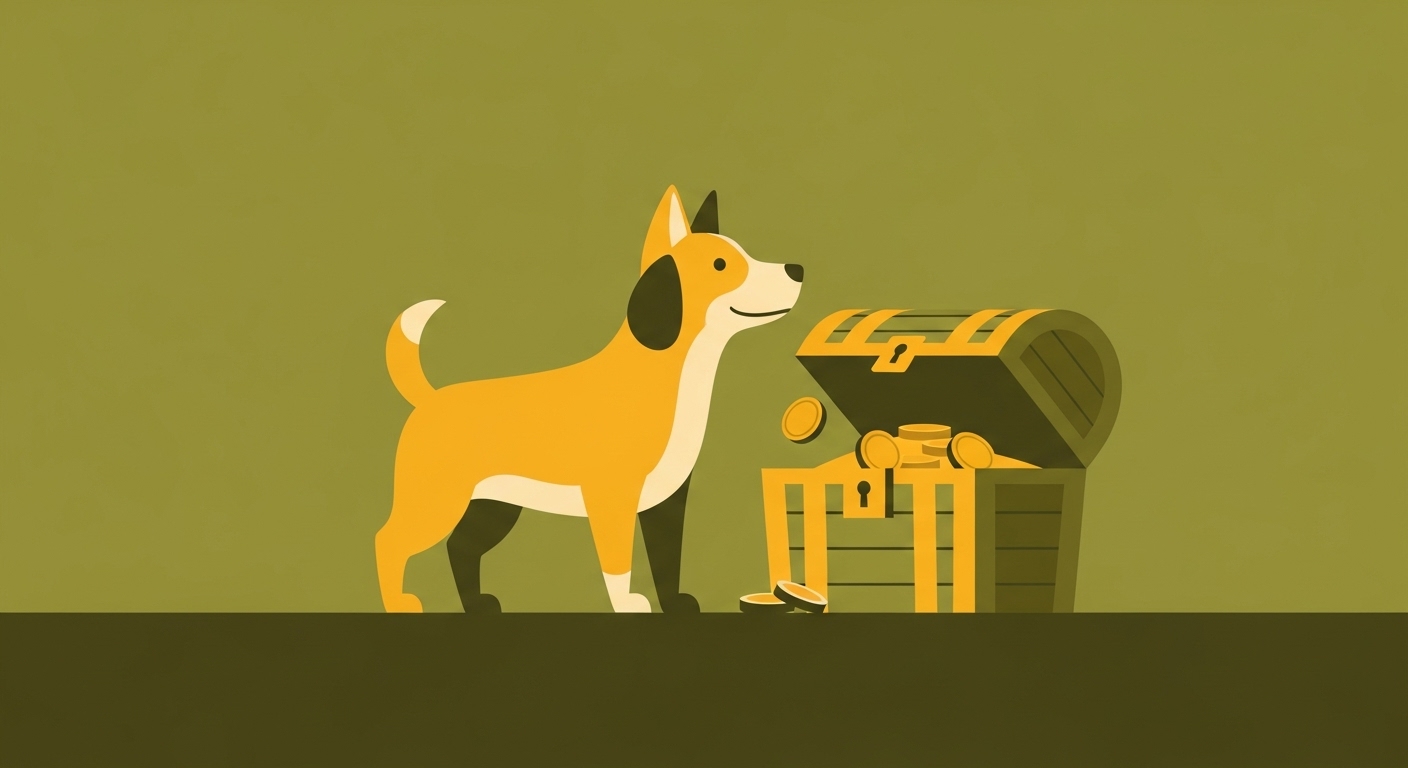 보물 상자 곁을 지키며 성실함을 증명하는 개띠 캐릭터 일러스트