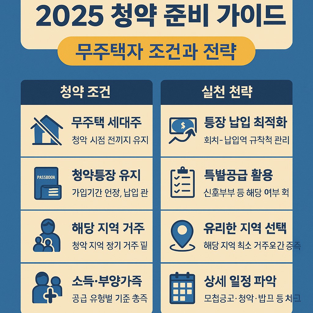 청약 기본 조건 및 신청 자격 인포그래픽: 무주택 세대주, 청약통장, 거주 요건, 특별공급 조건