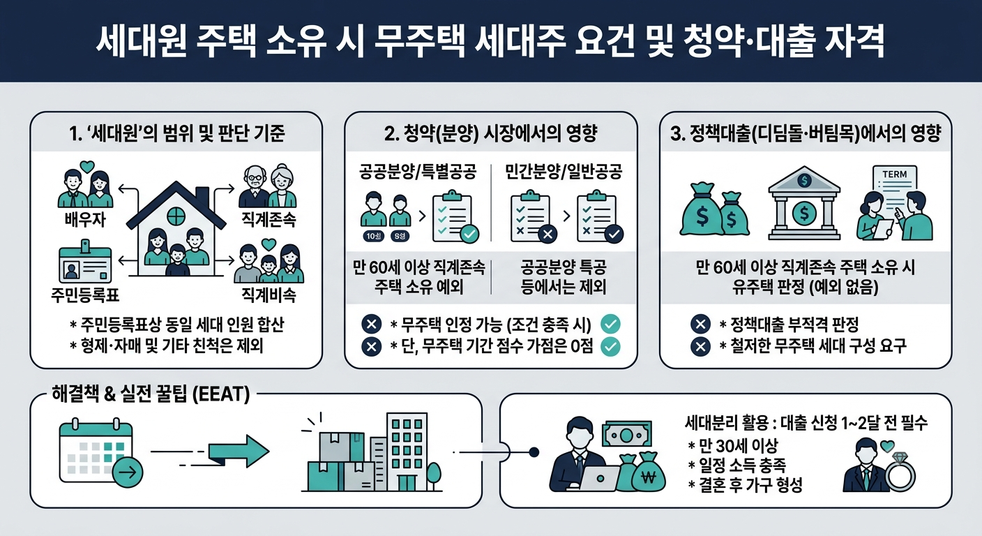 세대원 주택 소유 여부에 따른 무주택 세대주 요건 및 청약·대출 자격 비교 인포그래픽
