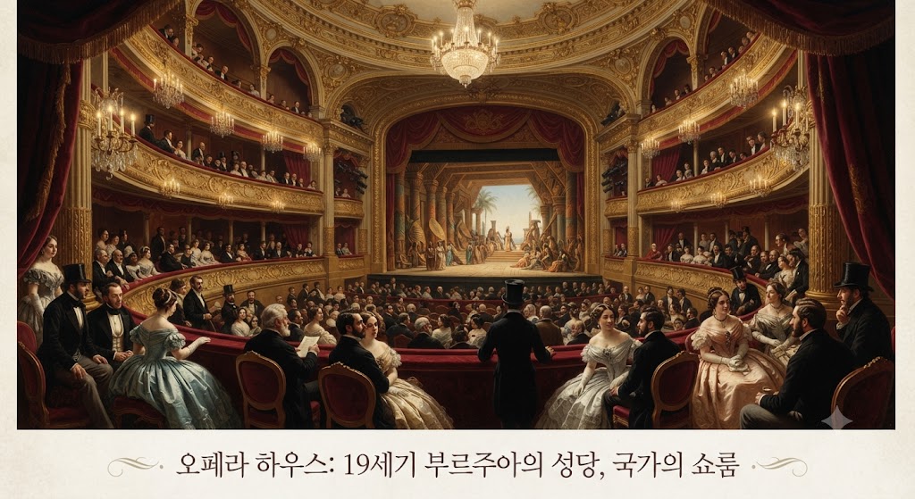 19세기 유럽의 화려한 오페라 하우스 내부를 포착한 사진입니다. 붉은 벨벳과 황금빛 장식으로 가득 찬 객석은 당대 최고의 사교 공간이었음을 보여줍니다. 중앙의 귀빈석(박스석)에는 화려한 드레스를 입은 부르주아와 외교관들이 모여 담소를 나누거나 아래를 내려다보고 있으며, 그들의 모습 자체가 하나의 구경거리가 되고 있습니다. 무대 위에서는 성대한 오페라 공연이 펼쳐지고 있지만, 이미지는 관객석의 사회적 풍경에 더 집중하고 있습니다. '오페라 하우스: 19세기 부르주아의 성당, 국가의 쇼룸'이라는 텍스트가 차분한 폰트로 오버레이되어 블로그의 주제를 명확히 드러냅니다.