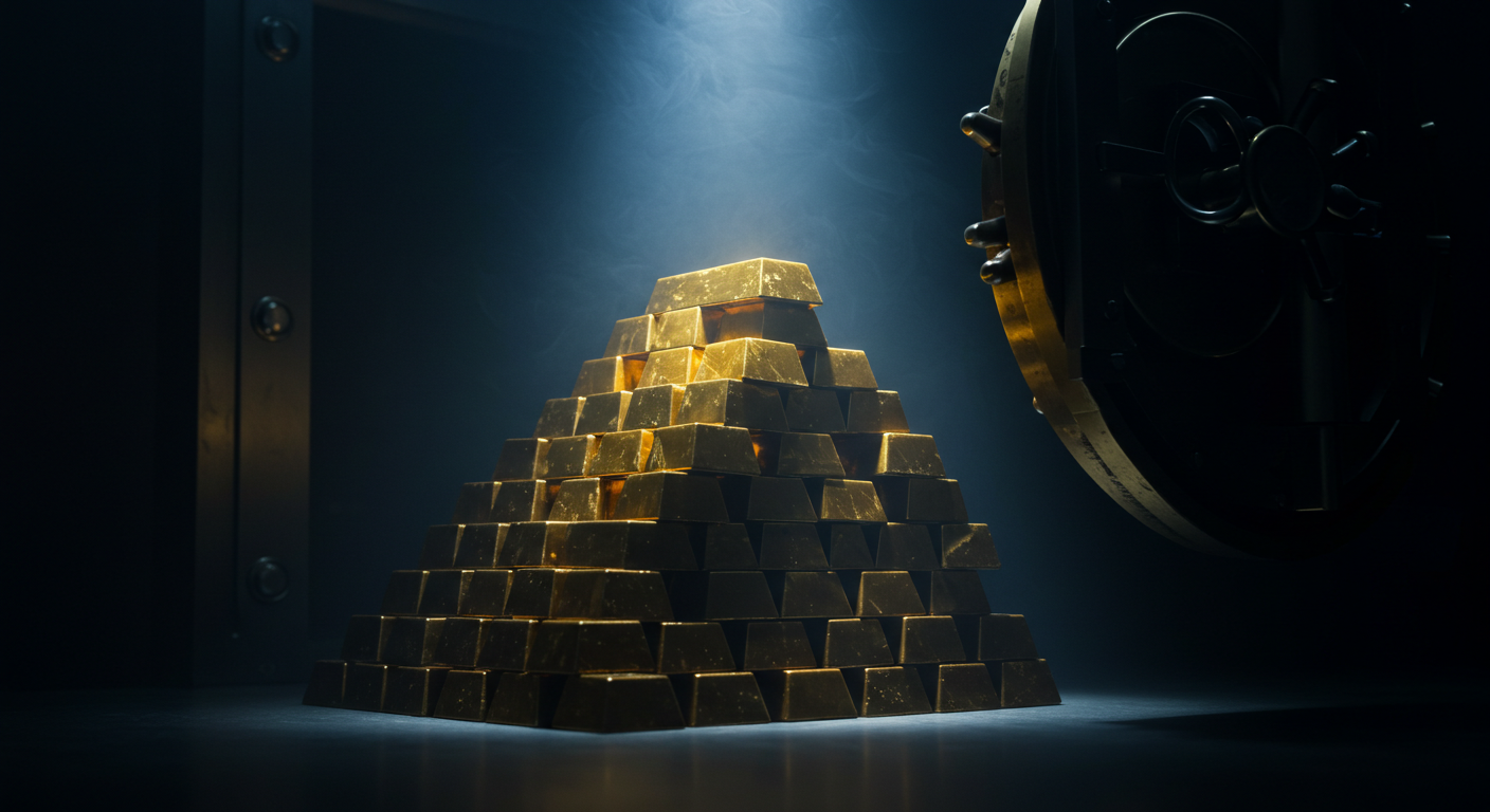 큰 금고에 골드바를 쌓아둔 이미지