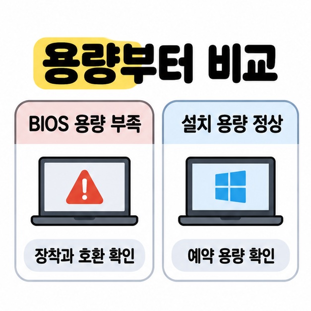 BIOS 용량 부족은 장착과 호환 확인으로 설치 용량 정상은 예약 용량 확인으로 나누어 비교한 그림
