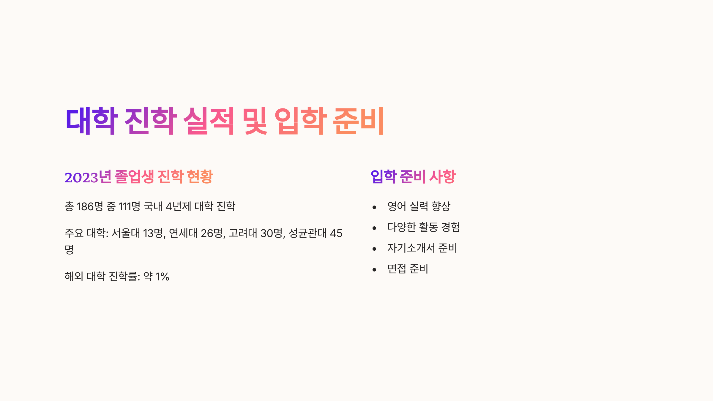 &ldquo;동탄국제고등학교 대학 진학 실적 및 입학 준비 - 2023년 졸업생 대학 진학 현황 및 입학 준비 사항&rdquo;