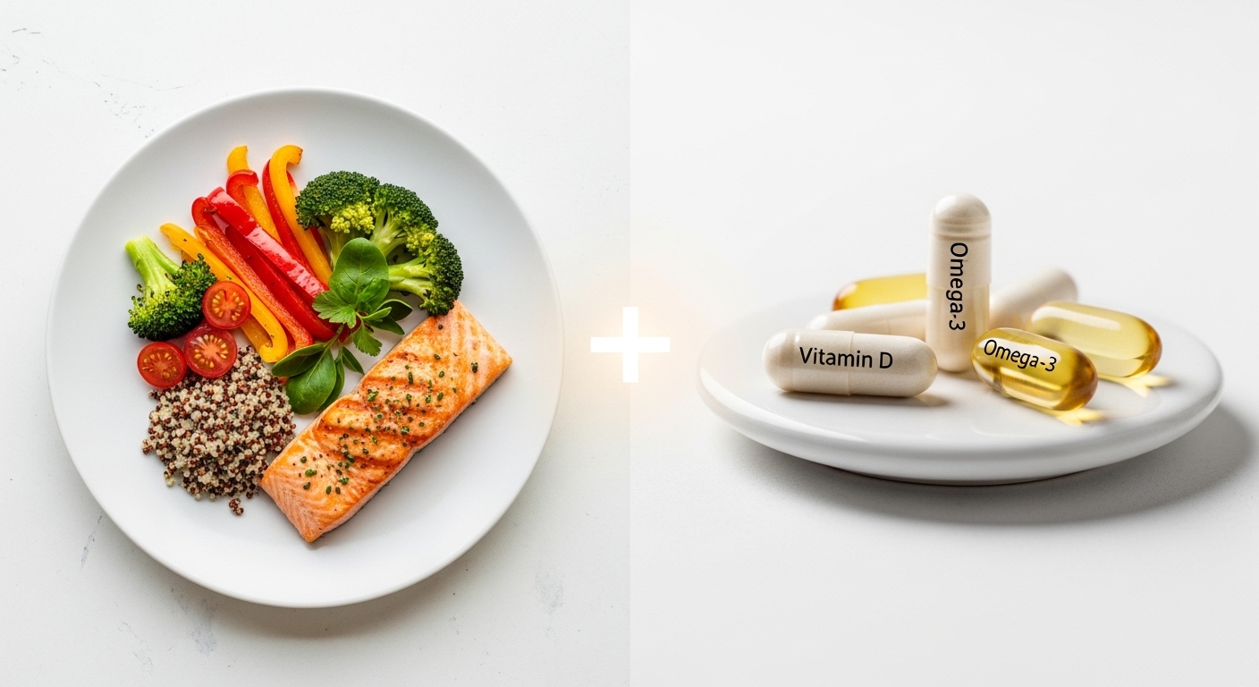 건강한 식단과 영양제가 시너지를 내는 것을 상징적으로 보여주는 이미지