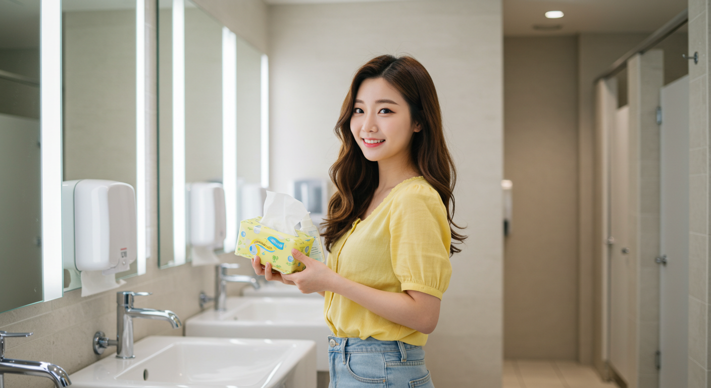 일본 여행 중 개인 휴지와 손 세정제를 들고 있는 귀여운 한국인 여성