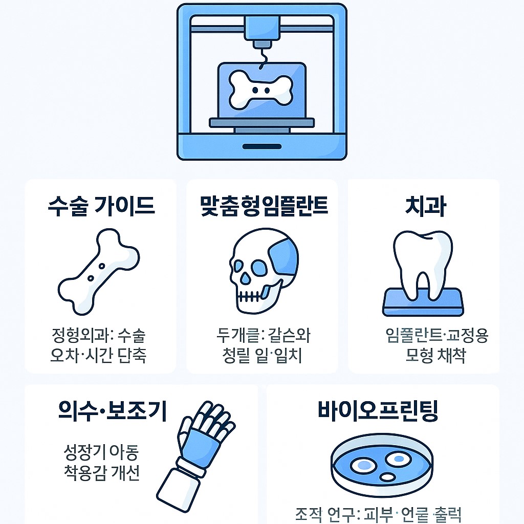 의료용 3D 프린터 인포그래픽: 수술 가이드, 맞춤형 임플란트, 치과, 의수·보조기, 바이오프린팅 요약