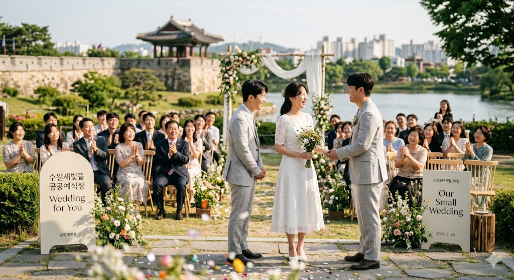 수원화성을 배경으로 진행되는 수원새빛뜰 공공예식장 야외 스몰웨딩 모습