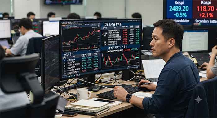 주식 화면과 차트를 분석하는 투자자의 모습.