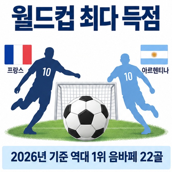 월드컵 최다 득점 문구와 축구공 골대 음바페 메시를 상징하는 선수 실루엣을 보여주는 대표 인포그래픽