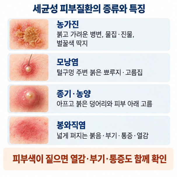 농가진 모낭염 종기 농양 봉와직염의 대표 증상인 노란 딱지 붉은 뾰루지 고름집 부기 열감을 비교한 이미지