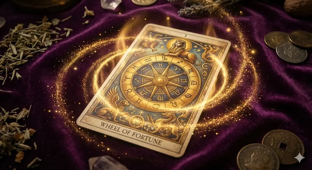 인생 역전과 대운을 상징하는 타로카드 운명의 수레바퀴(Wheel of Fortune), 황금빛 가루가 흩날리는 웅장한 일러스트