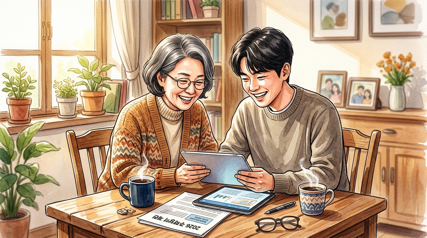 어머니와 아들이 함께 태블릿 PC를 보며 2026년 주택 청약 개편을 보며 환하게 웃고 있는 모습.