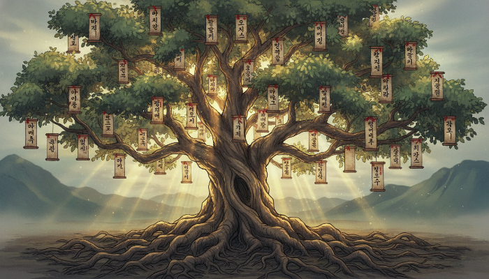 가문의 계보와 분파를 상징하는 거대한 뿌리 깊은 나무 일러스트