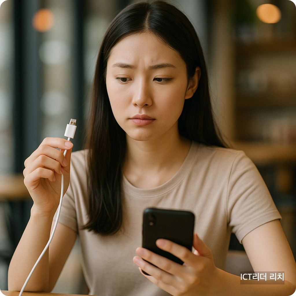 카페에서 스마트폰 충전기를 바라보며 망설이는 20대 여성, Choicejacking&middot;Juicejacking 보안 위험을 상징하는 대표 썸네일