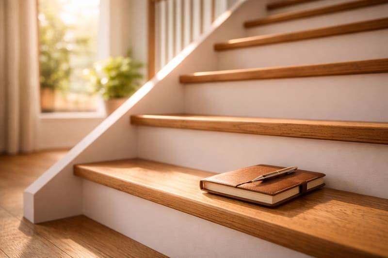 나무 계단 위 다이어리, 청년의 단계적 도약과 부모의 기록을 상징하는 이미지