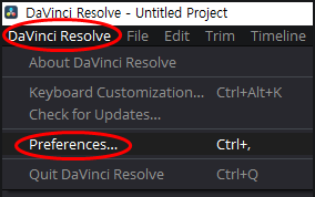 상단 메뉴에서 DaVinci Resolve → Preferences 메뉴 클릭