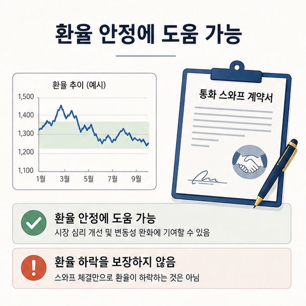 통화 스와프가 환율 안정에 도움을 줄 수 있지만 환율 하락을 보장하는 것은 아님을 설명한 이미지