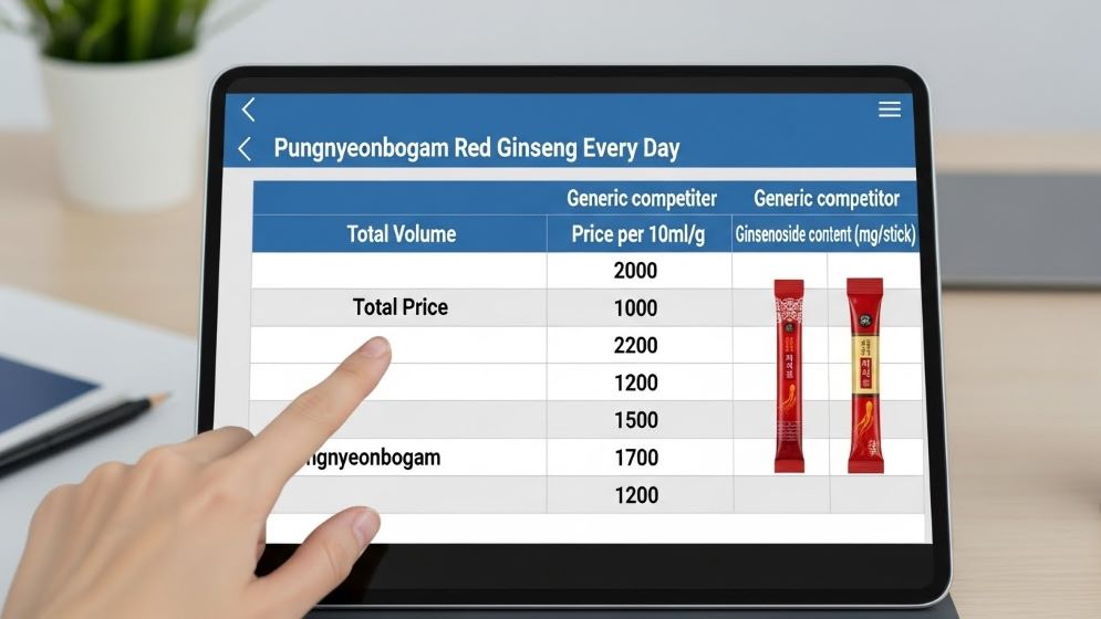 디지털 태블릿 화면에 '풍년보감 홍삼 매일'과 다른 두 가지 제네릭 경쟁 홍삼 스틱 제품이 표시된 비교표입니다.
