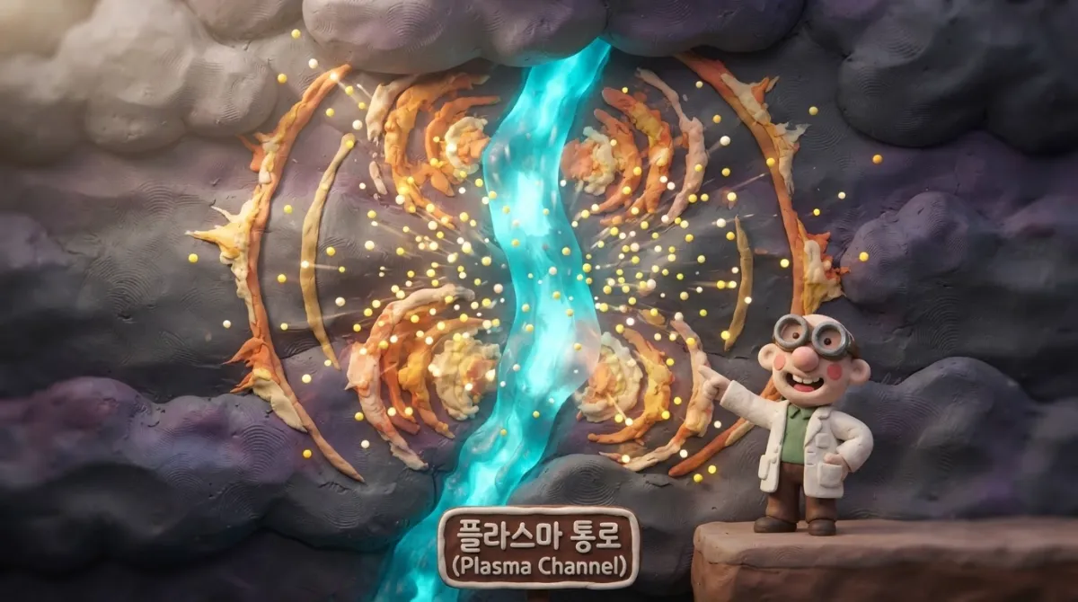 대기 중에서 번개가 방전되며 공기가 순간적으로 초고온 플라스마로 변하는 물리적 과정