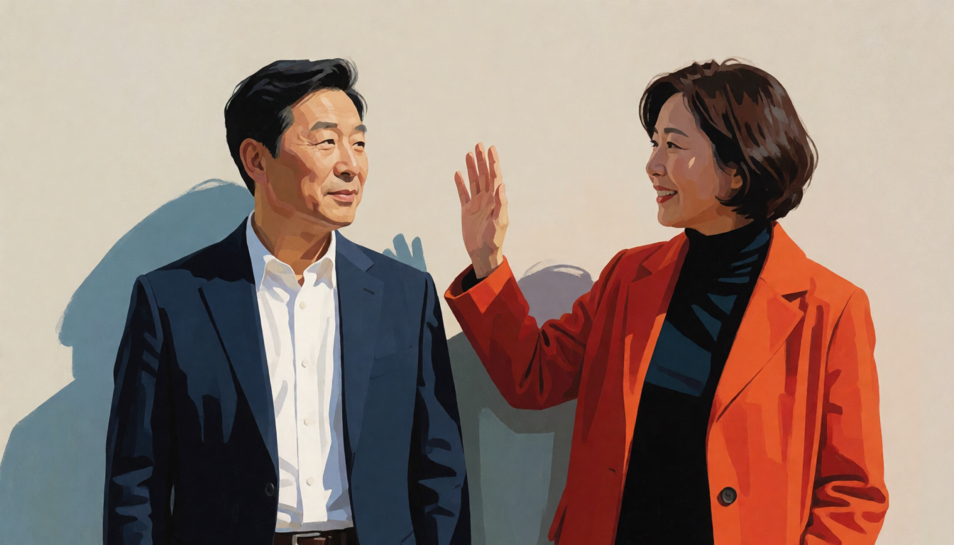 벽 앞에서 서로 마주 보며 한 사람이 손을 든 성인 두 명