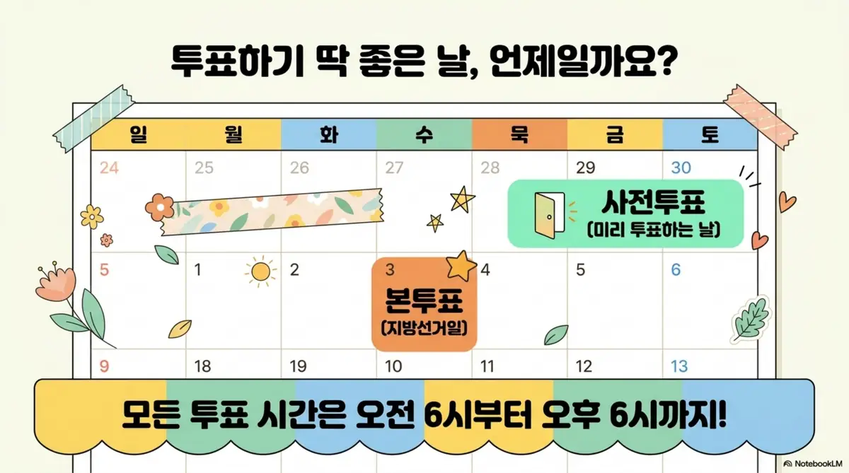 지방선거 투표 시간: 사전투표 5월 29~30일과 본투표 6월 3일 일정이 달력 형식으로 표시된 일러스트. 모든 투표 시간은 오전 6시부터 오후 6시까지이며 사전투표일과 본투표일이 색상으로 구분되어 있다 