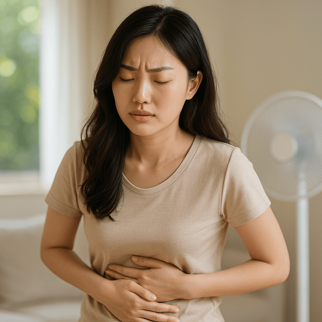 여름철 실내에서 복부를 감싸며 속 불편함을 느끼는 한국인 여성